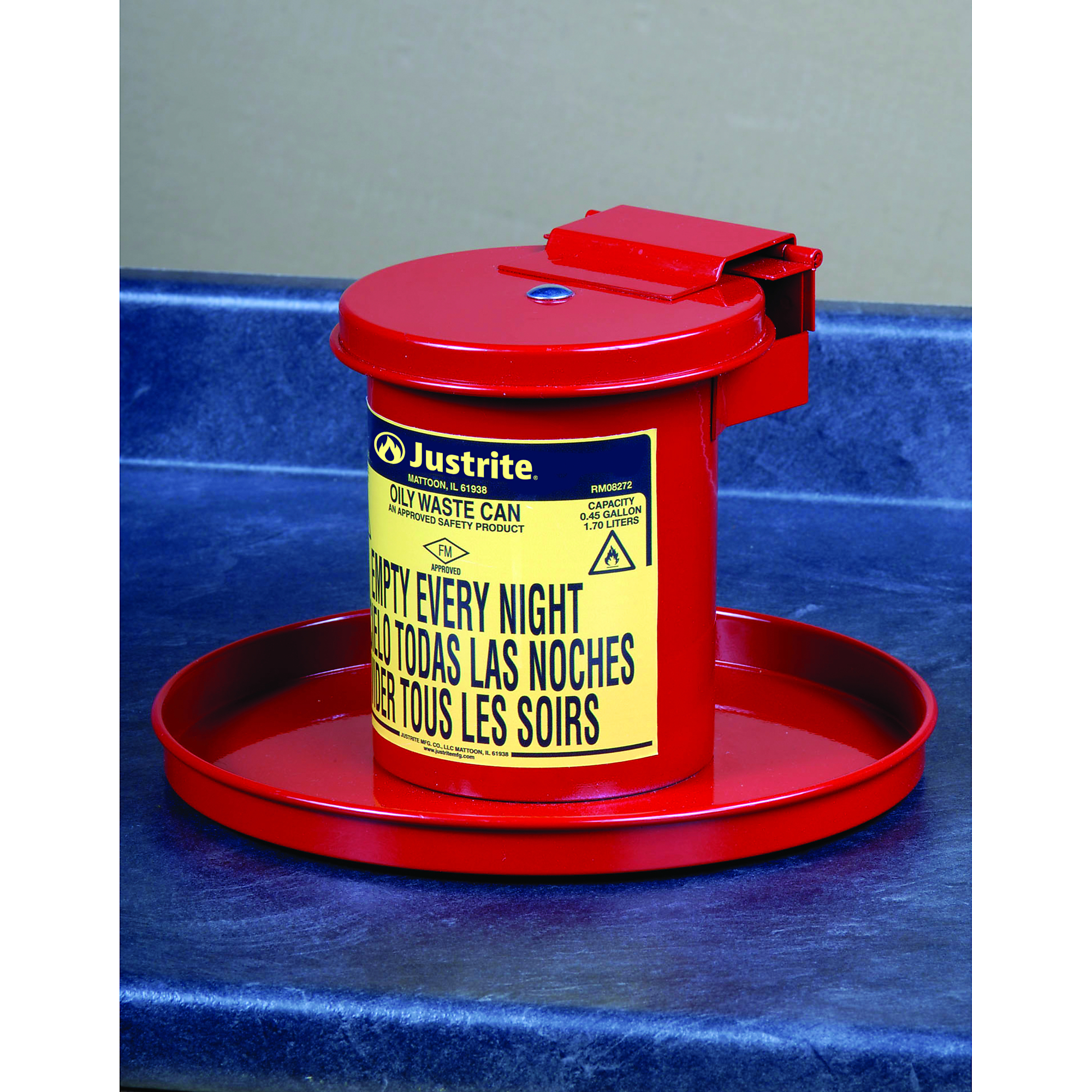 Justrite Benchtop Solvent Safety Can — 0.45 Gal., Self-Closing Lid, Red, Model# 09400